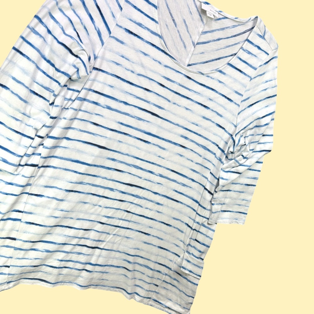 Pure Jill Striped Pocket Tunic Top Women M Asymmetric Knit 3/4 Sleeve Casual